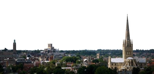 Norwich cityscape showing cathedral and other landmarks.